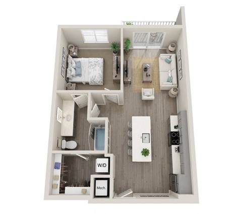 a 1 bedroom floorplan with a bathroom and a living room